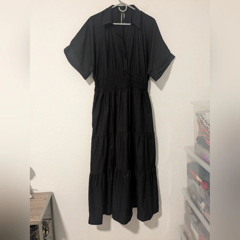 Anthropologie Black Cotton Short Sleeve Tiered A-Line Somerset Maxi Dress LG - Picture 5 of 11